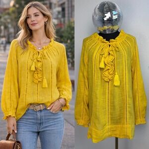 Sundance Artists Boho Ruffle Blouse Yellow XS | Cottagecore‎ Prairie Peasant Top